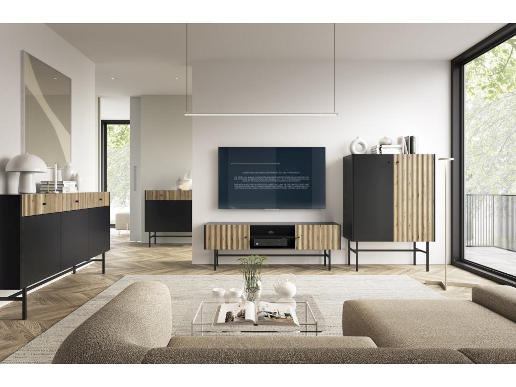 High sideboard with 2 doors - 93 cm - black / light oak effect - Mobenze OMXZ28589