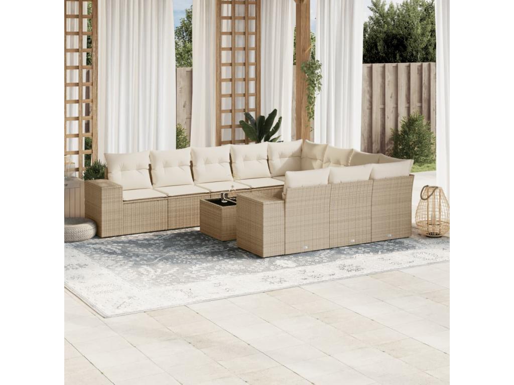 11-piece garden furniture set with beige cushions, woven resin ZIIU38680