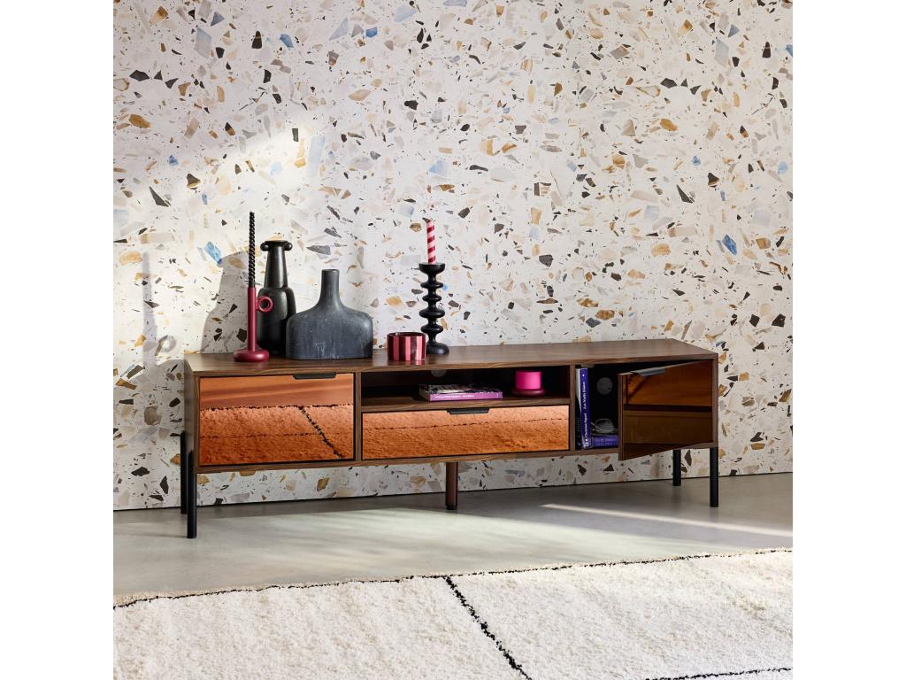 Vintage TV stand with Mobenze walnut effect - smoked glass finish - metal legs and handles - W 151.5x38x44.7cm ERQB58310