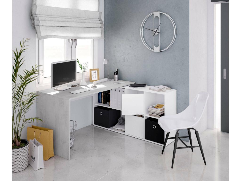 Mobenze Desk, Reversible Multi-Position Multifunctional Study or Office Table for PC with Shelf, 136x139x74 cm, White and Cement, JOER84546