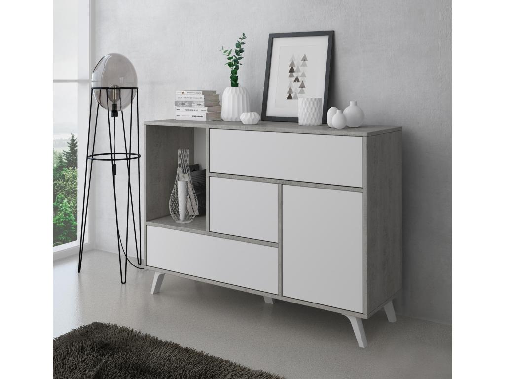 Mobenze sideboard with 1 door and 3 drawers, cement-colored frame, matte white doors and drawers, 120x40x86cm. RRPS83367