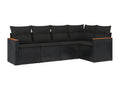 5-piece garden furniture set with cushions, black woven resin WNHM46611