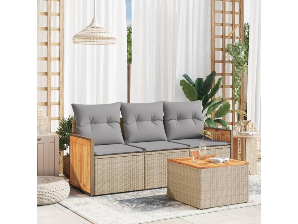 Garden furniture set with cushions, 4 pieces, beige woven resin, GJKY36455