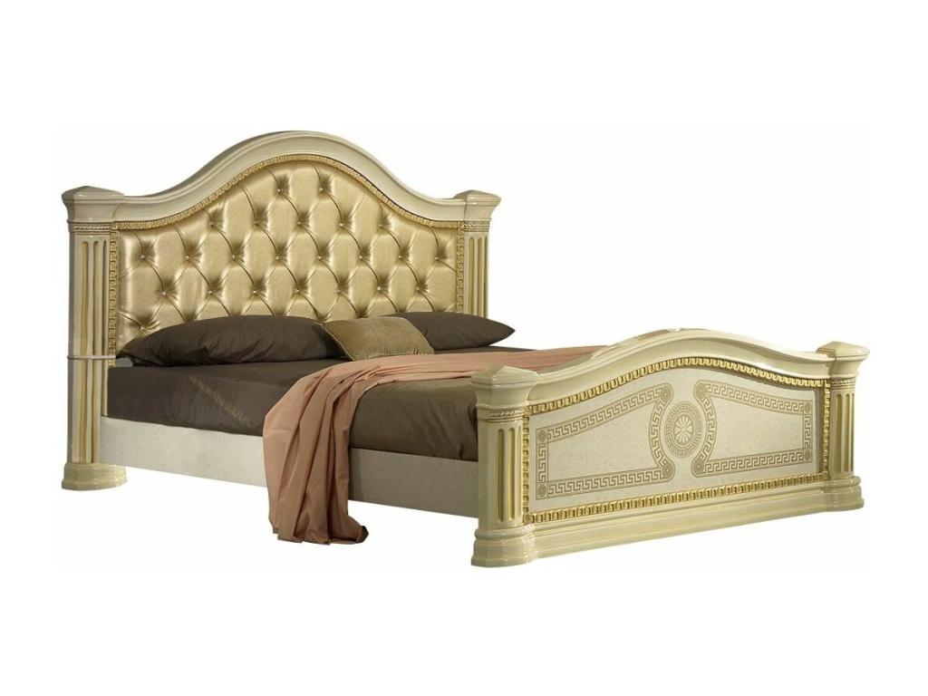 Beige lacquered designer bed with beige faux leather upholstered headboard, Mobenze 160x200 WFDE18828