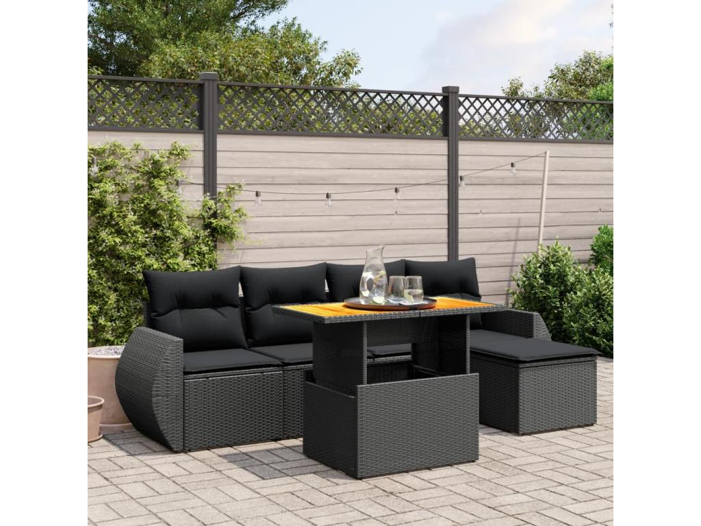 6-piece garden furniture set with cushions, black woven resin AYTR58674