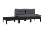 3-piece garden furniture set with cushions, black, solid pine, QVTT06962