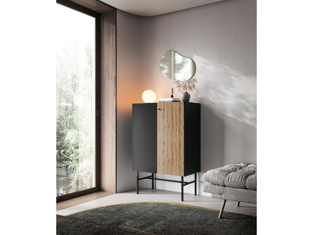 High sideboard with 2 doors - 93 cm - black / light oak effect - Mobenze OMXZ28589