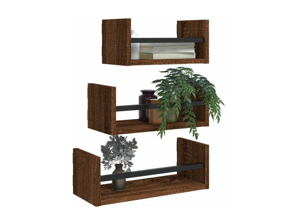 Set of 3 wall shelves with bars, brown oak, JSKI82549