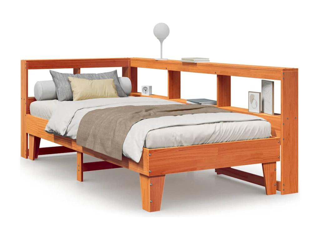 Bookshelf bed without mattress, brown wax finish, 75x190 cm, solid pine, WODY63656