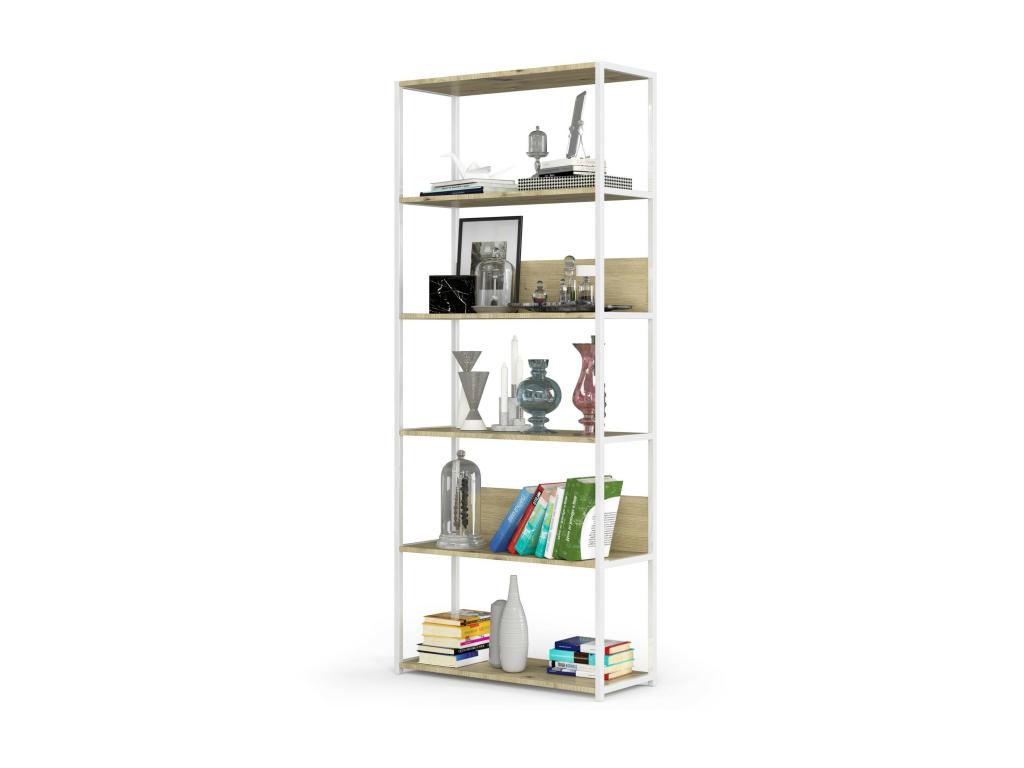 Mobenze White wall shelf, 80 cm wide, Mobenze Oak front, 6 shelves, 80x32x192 cm, MZSA65341