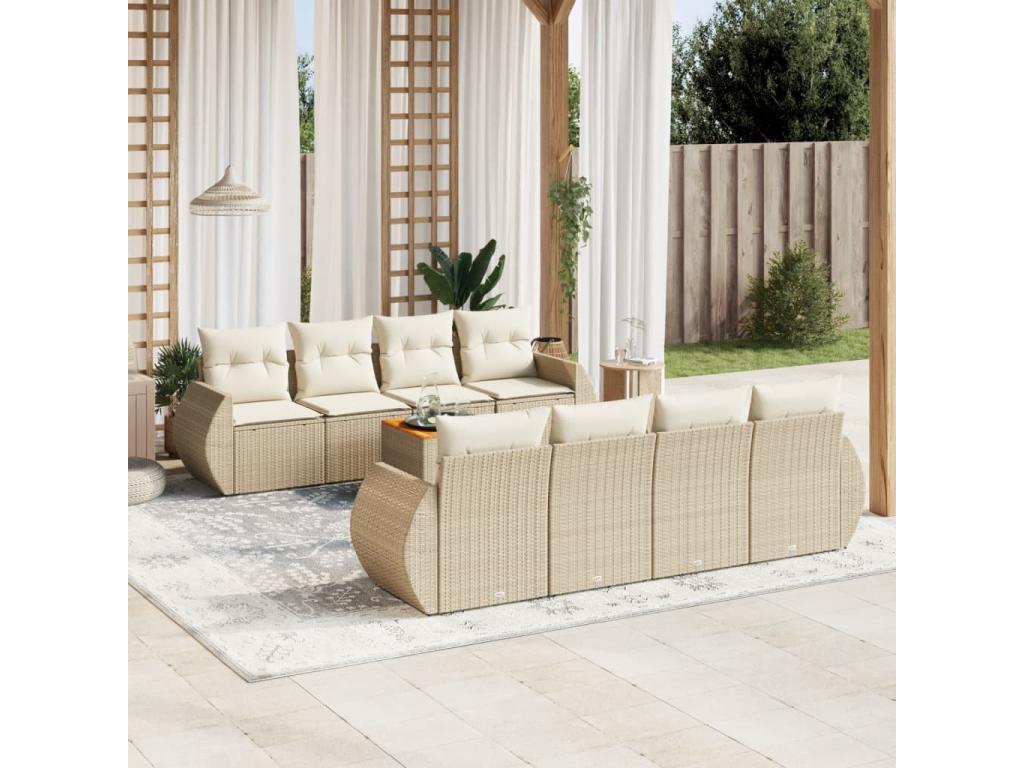 9-piece garden furniture set with cushions, beige woven resin ZGHZ38281
