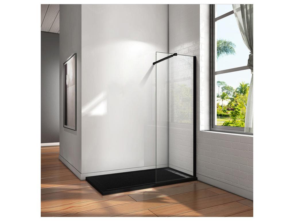 Walk-in shower enclosure 60x200cm in 8mm tempered glass with anti-limescale coating and 73-120cm square fixing bar - Matte Black IDMR79744