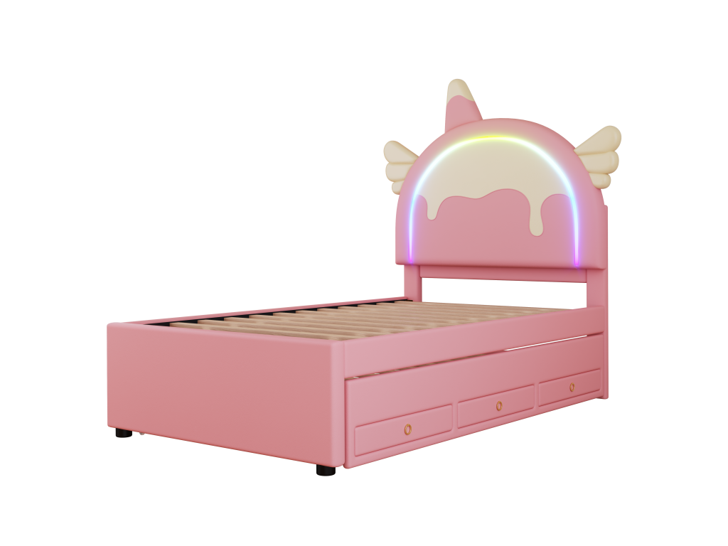 90x200cm/90x190cm trundle bed, children's bed with 3 drawers, Mobenze slatted base and unicorn-shaped headboard, pink PU material CTPI64935