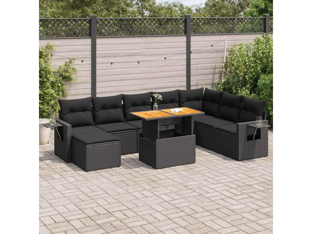 9-piece garden furniture set with cushions, black woven resin QVVI94744