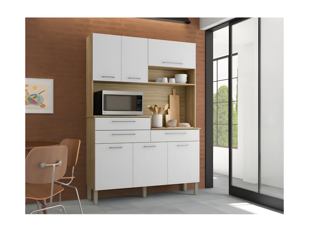 Kitchen Buffet with 6 Doors, 3 Drawers, and 9 Shelves, White Oak, W 138.5 x D 195 x H 38.8 cm VEAB17437