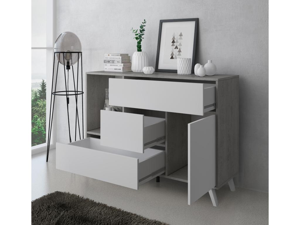 Mobenze sideboard with 1 door and 3 drawers, cement-colored frame, matte white doors and drawers, 120x40x86cm. RRPS83367