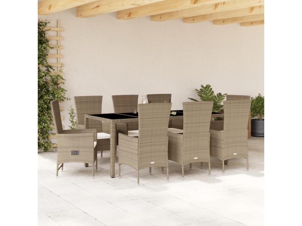 9-piece beige poly rattan garden dining set and cushions FUPI81046