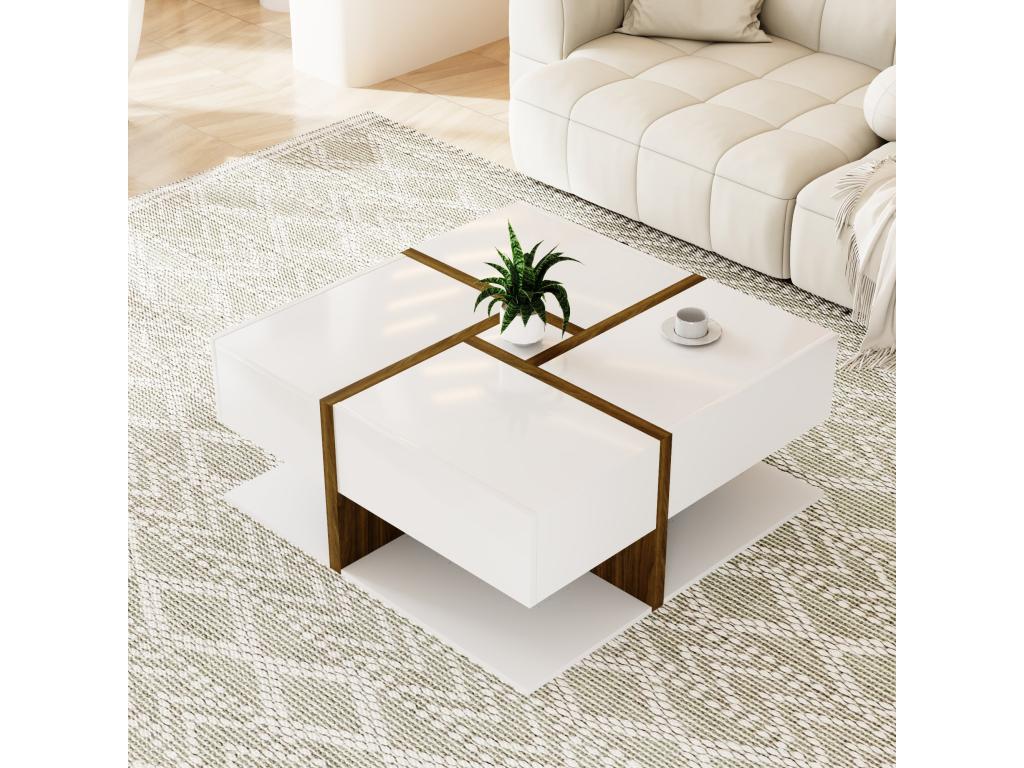 Square coffee table with 4 drawers - 78x78x34.8 cm - Particleboard - Glossy white EUEW43456