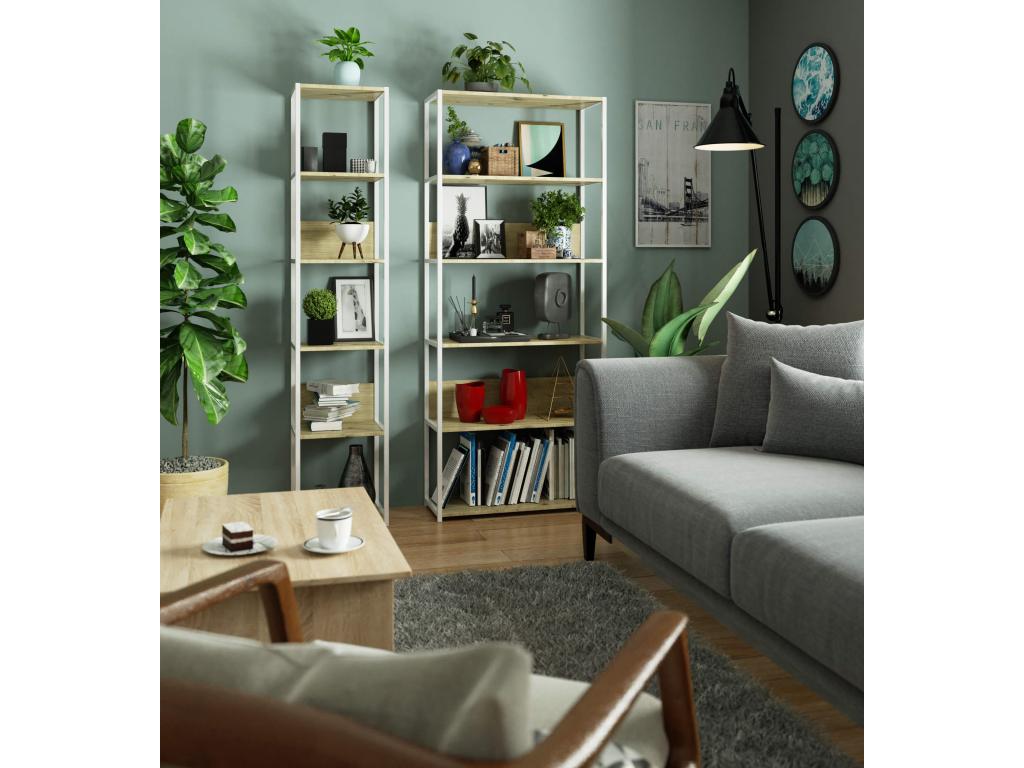 Mobenze White wall shelf, 80 cm wide, Mobenze Oak front, 6 shelves, 80x32x192 cm, MZSA65341