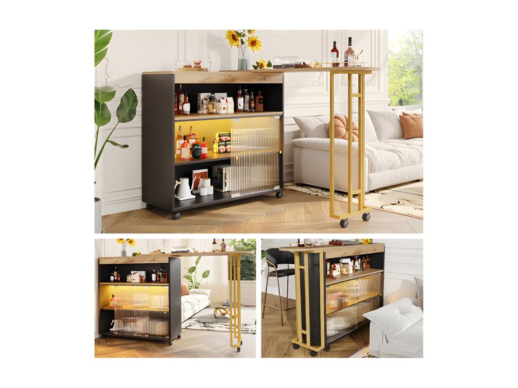 Extendable bar cabinet - 2 sliding glass doors and 3 shelves - Mobenze top with Mobenze effect - LEDs - Natural and black CPNX24693