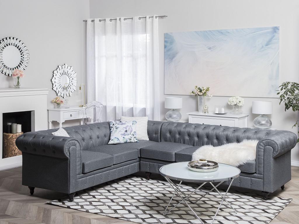 Left-hand corner sofa in grey fabric with removable cover and wide seat. Luxameub UZUK82468