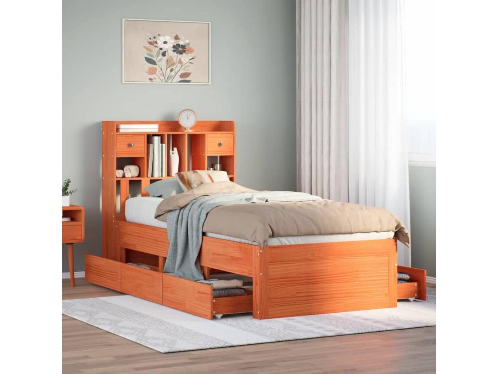 Bookshelf bed without mattress, brown wax finish, 100x200 cm, solid pine, MBSW05842