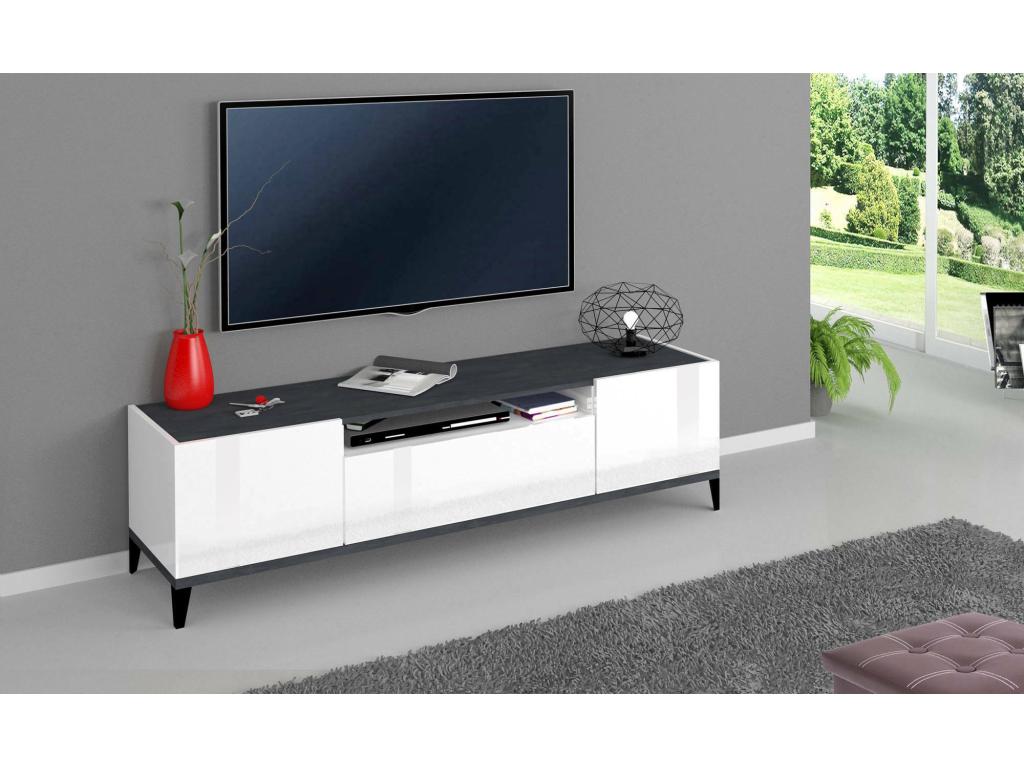 Luxameub TV Stand, Low Sideboard with 2 Doors, TV Stand Base, Made in Italy, 160x40x47 cm, Glossy White and Slate, TDIN44446