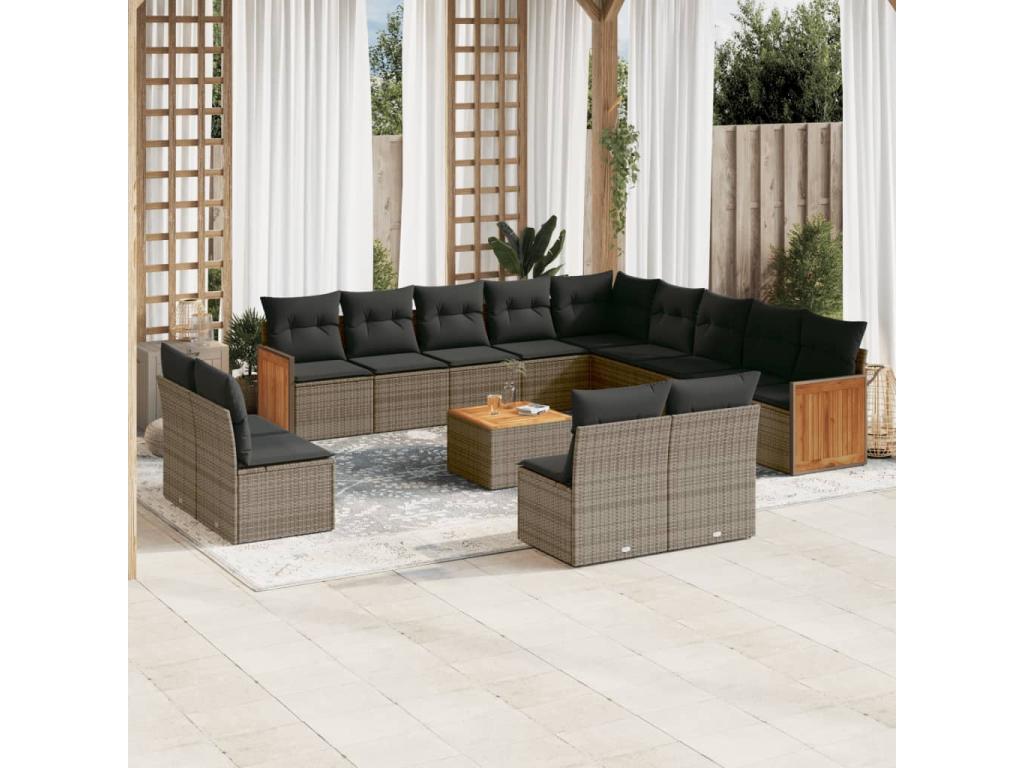 14-piece garden furniture set with cushions, grey woven resin YBUA31470