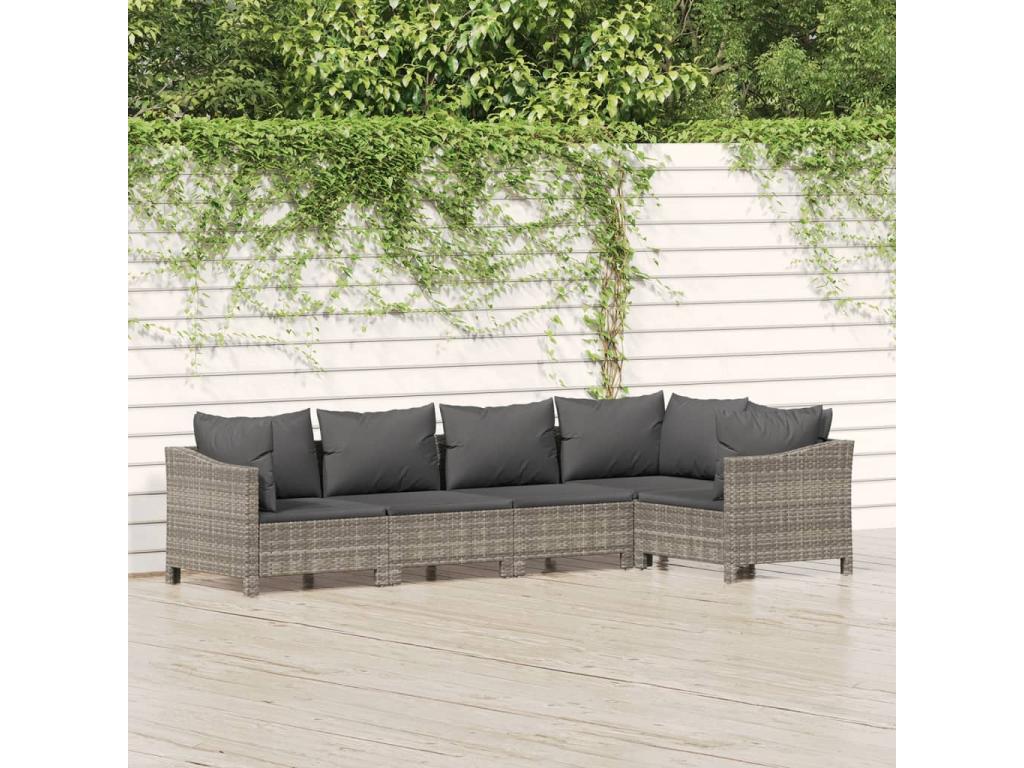 5-piece garden furniture set with cushions, grey woven resin LAJZ96475