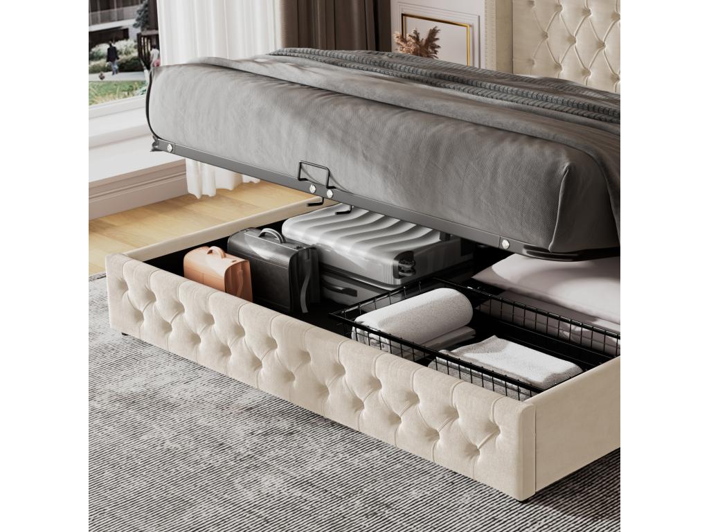 160x200cm Mobenze Storage Bed with Mobenze Slatted Base - Beige FHRD87955