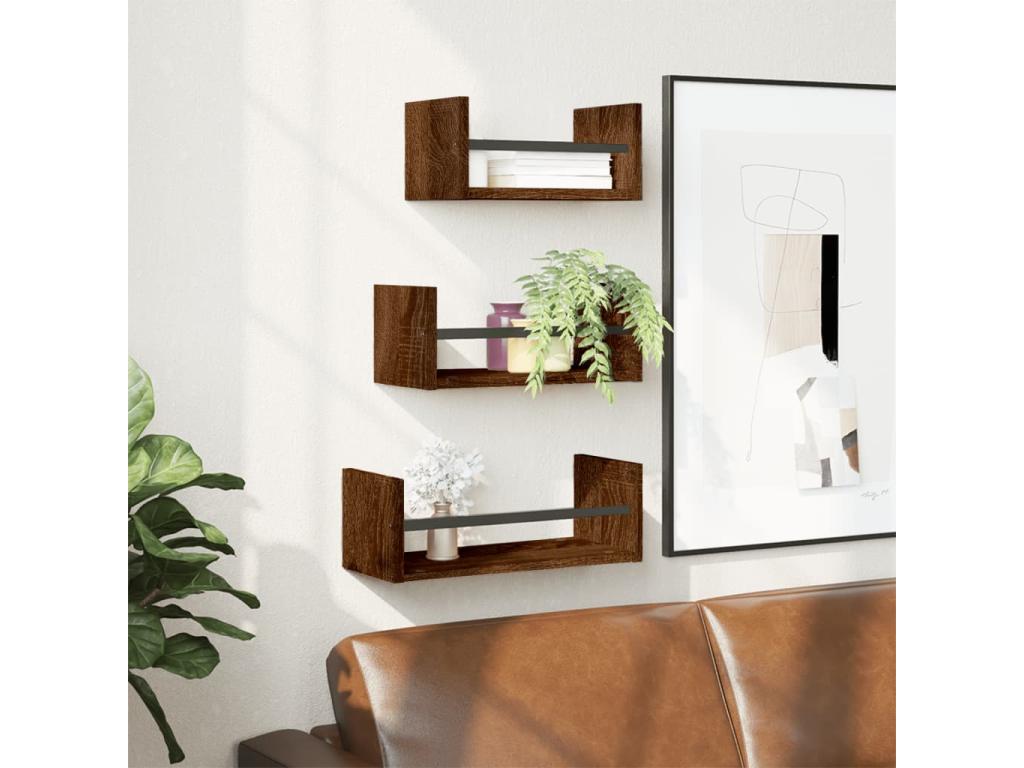 Set of 3 wall shelves with bars, brown oak, JSKI82549