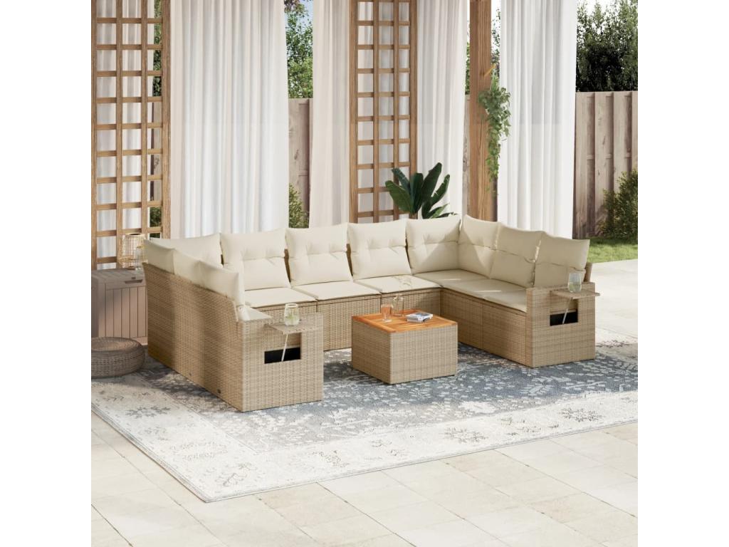 Garden furniture set with cushions, 10 pieces, beige woven resin, NPMV40375