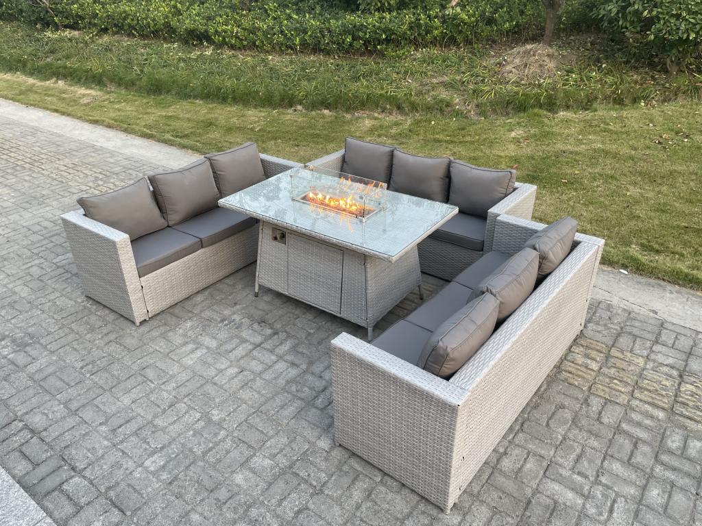Rattan garden furniture set, gas fire pit table and sofa, light grey GIVL55750