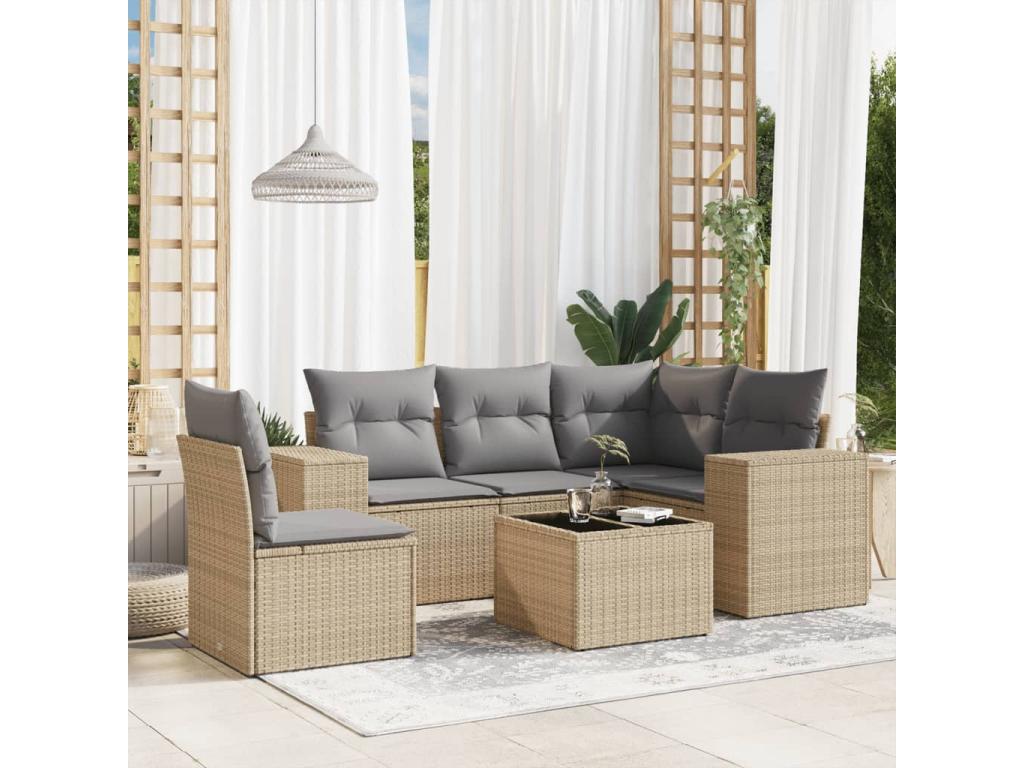 Garden furniture set with cushions, 6 pieces, beige woven resin, JZRN83328