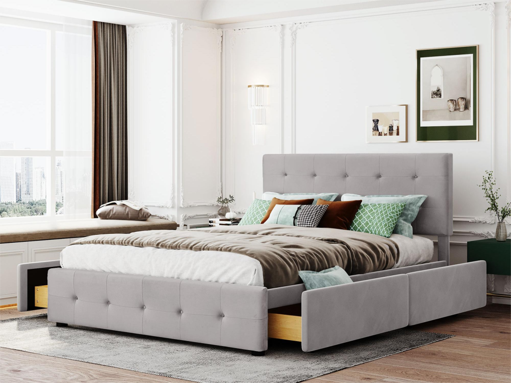 Bed with adjustable headboard and 4 storage drawers - 140x200 cm - Mobenze fabric - Mobenze slatted base - grey PKVC87884