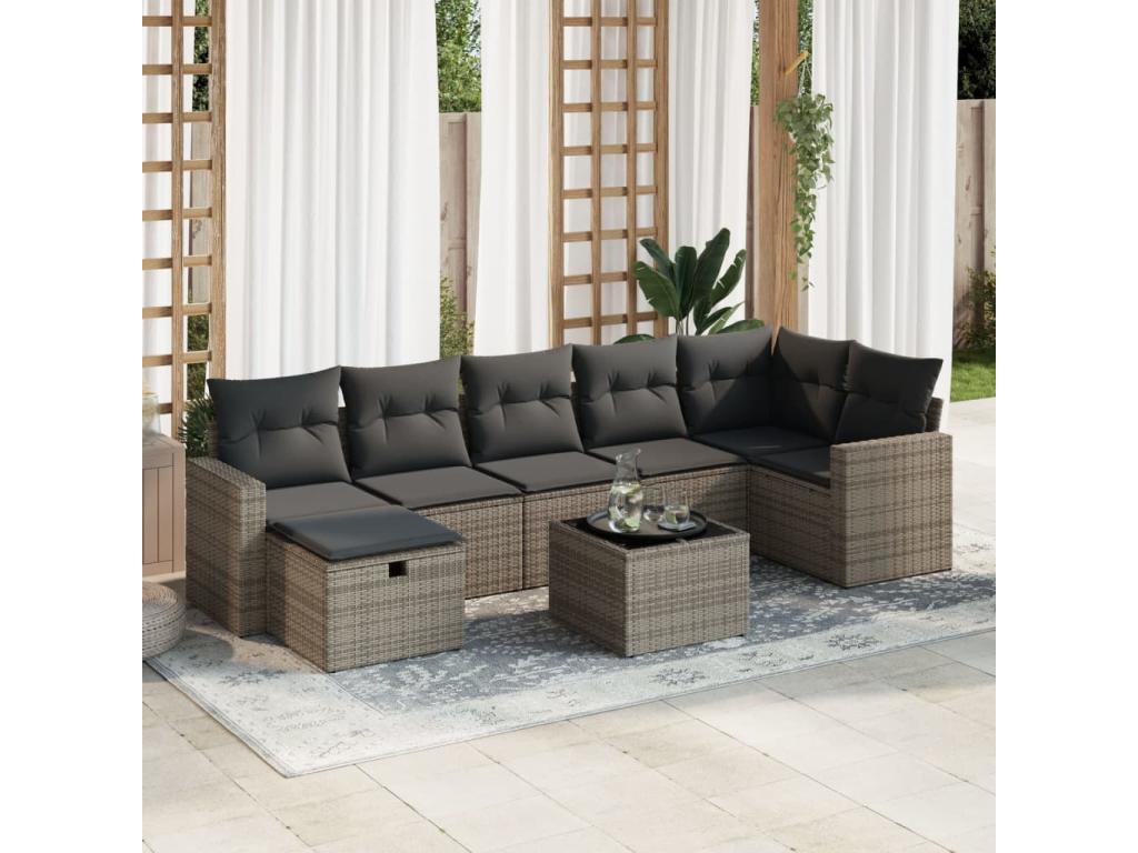 8-piece garden furniture set with grey resin wicker cushions ARDC41087