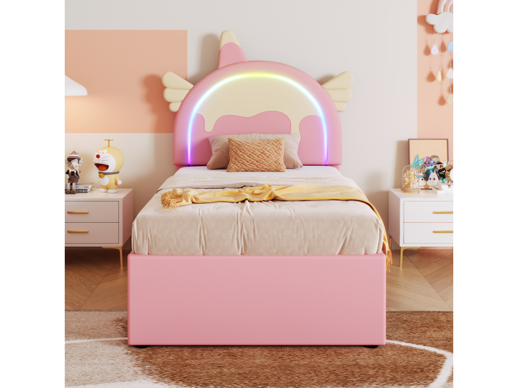 90x200cm/90x190cm trundle bed, children's bed with 3 drawers, Mobenze slatted base and unicorn-shaped headboard, pink PU material CTPI64935