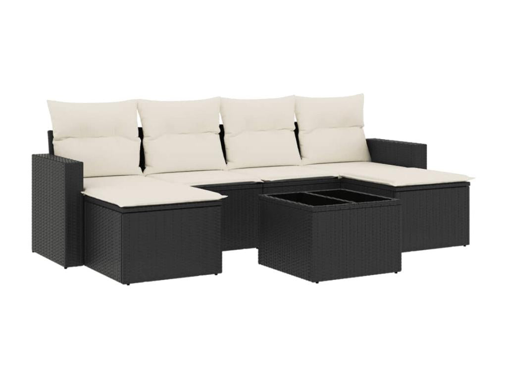 7-piece garden furniture set with cushions, black woven resin YKOR47799