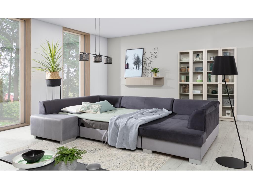Luxameub 320cm panoramic convertible sofa in black faux leather with storage compartment - Storage compartment on the right JRVI47832