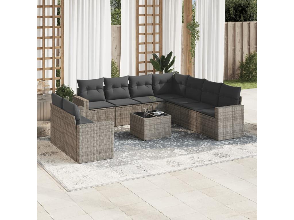 Garden furniture set with cushions, 10 pieces, grey woven resin DVTB64618