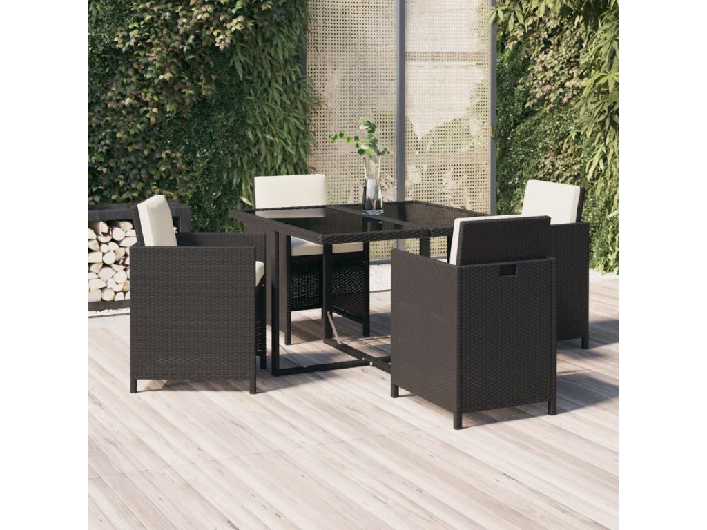 5-piece garden dining set with cushions, black poly rattan DRQA34609