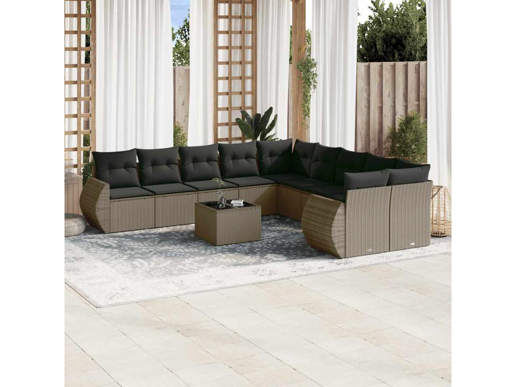 11-piece garden furniture set with light grey cushions, woven resin LPJM94328