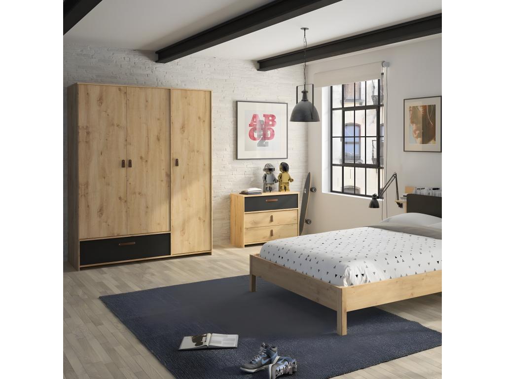 3-door, 1-drawer industrial-style wardrobe in Mobenze oak color - Made in France VCET61740