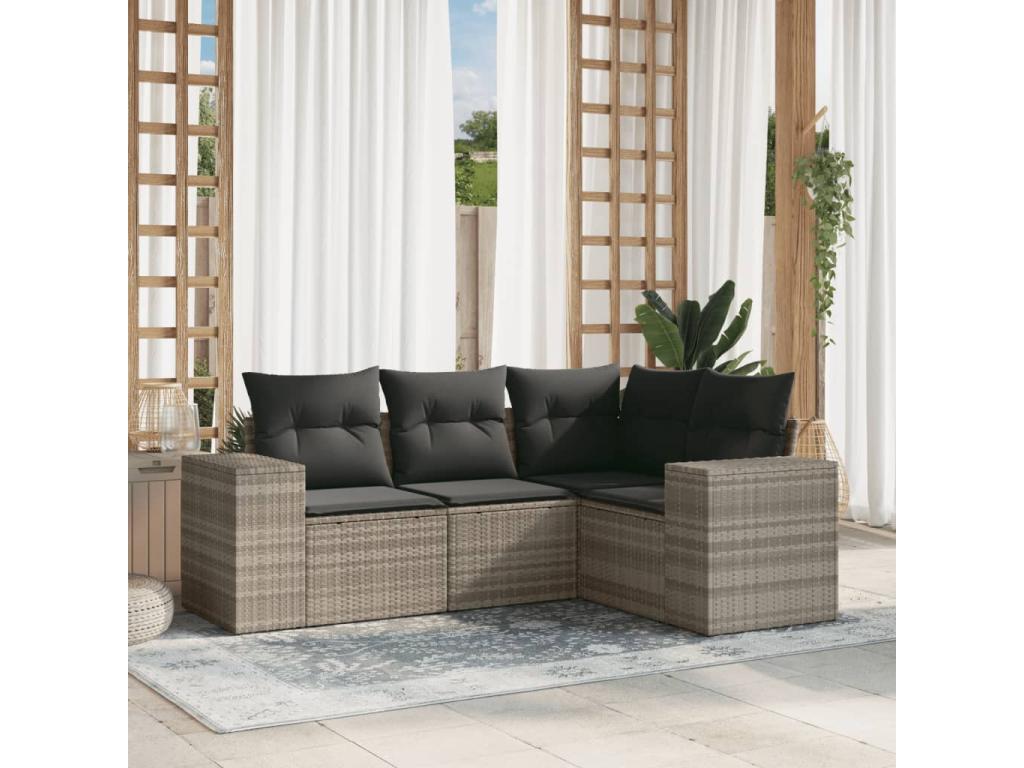 4-piece garden furniture set with light grey cushions, woven resin TBJH07198