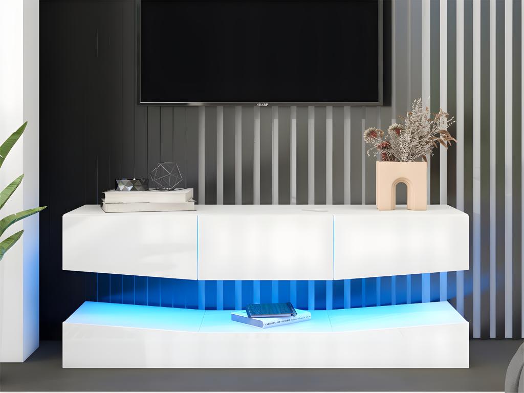 180cm wall-mounted TV unit with LED lighting - 3 drawers - White GATJ12895