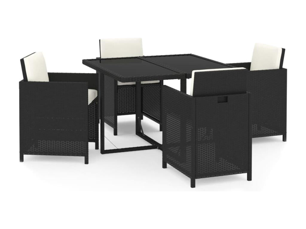 5-piece garden dining set with cushions, black poly rattan DRQA34609
