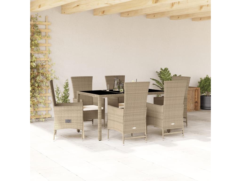 7-piece beige poly rattan garden dining set and cushions HKDQ49907