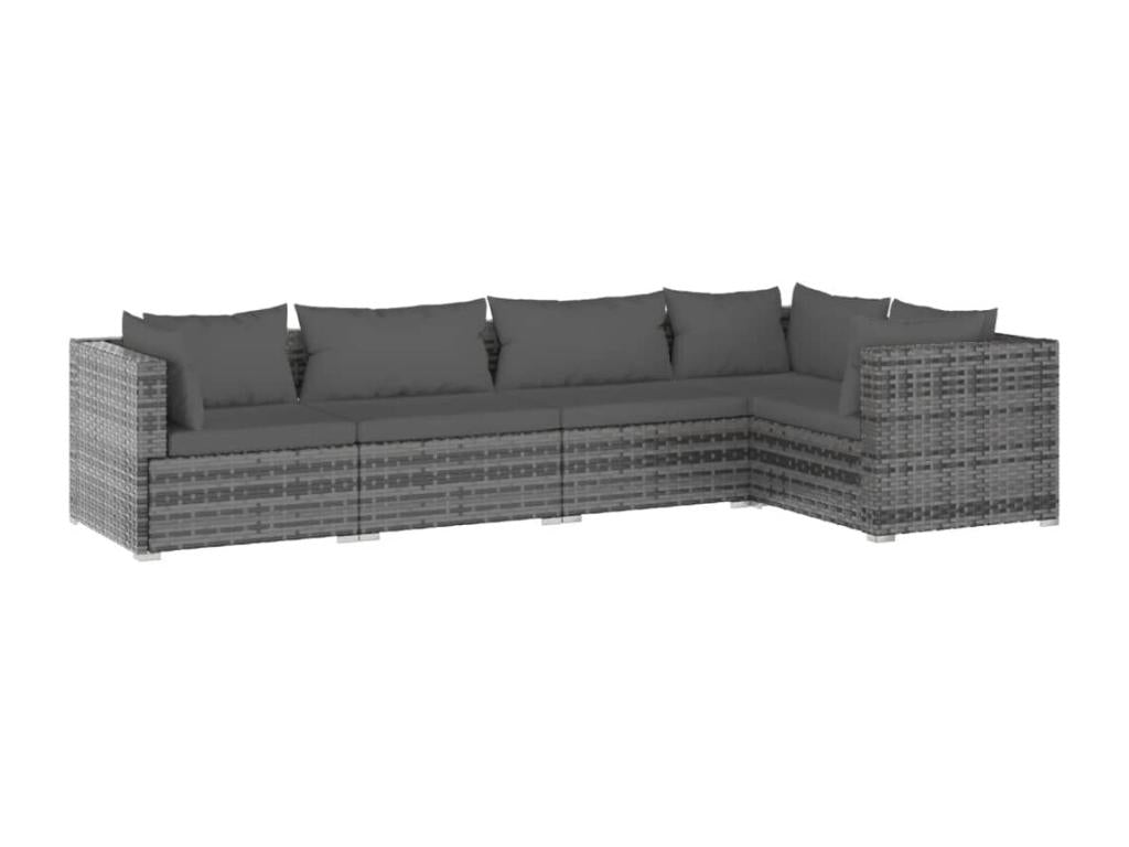 5-piece garden furniture set with cushions, Grey woven resin MQQF05352