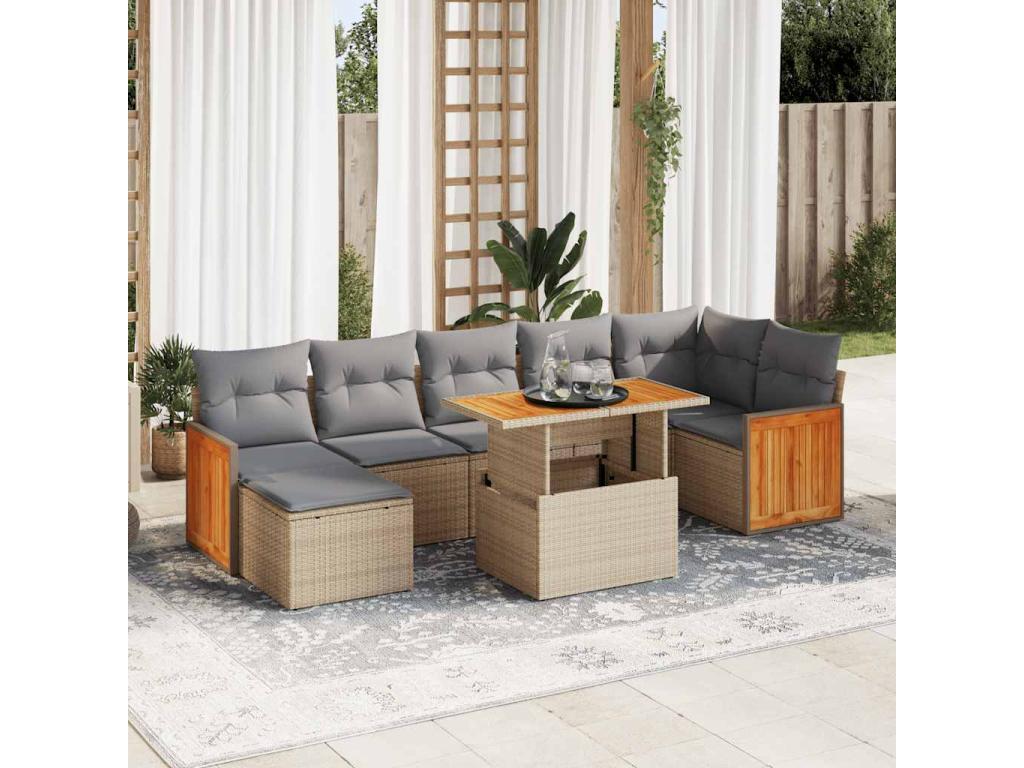 Garden furniture set with cushions, 8 pieces, beige woven resin, Mobenze ATOB69324