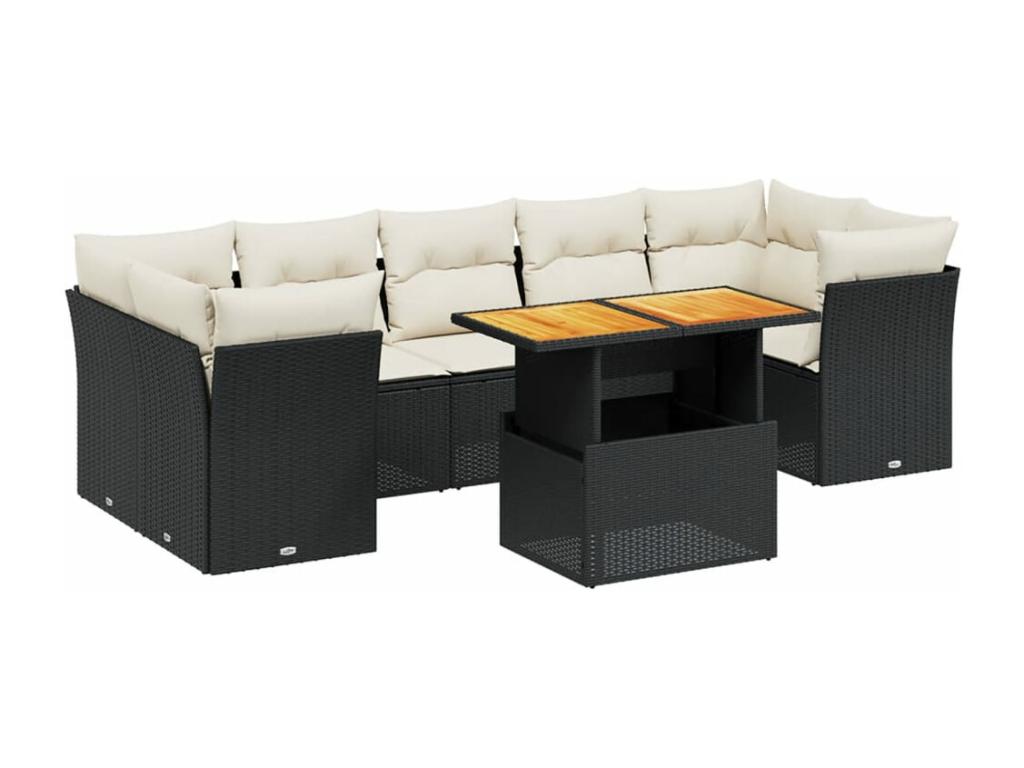 8-piece garden furniture set with cushions, black woven resin MJID21904